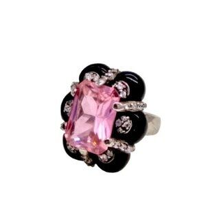 Designer silver enamel kunzite cocktail ring